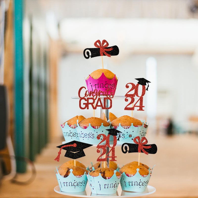 Moffris Graduation Decorations 2025-24Pcs Red Glitter 2025 Graduation Cupcake Toppers for Class of 2025 Party Decorations - Image 3